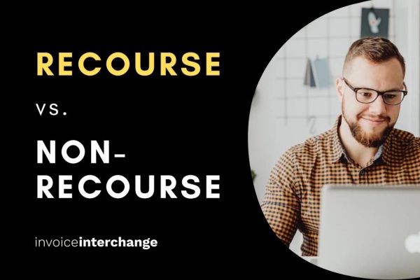 text: recourse vs non-recourse - invoiceinterchange alongside man wearing dress shirt and glasses looking at laptop