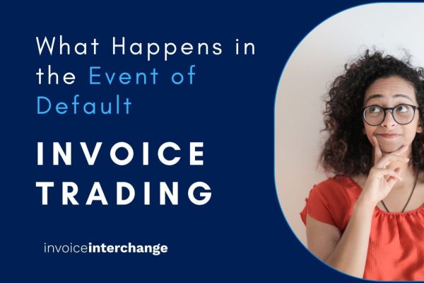 text: what happens in the event of default invoice trading - alongside woman in red dress with glasses looking up thinking