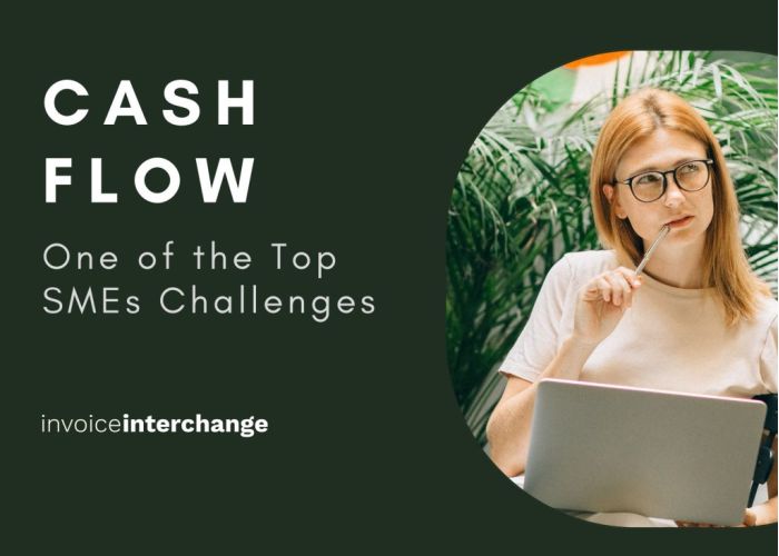text: cash flow. One of the Top SMEs Challenges - invoiceinterchange alongside lady in white t-shirt with laptop